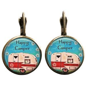 Colorful Earrings Vintage Happy Camper Blue White Antique Gold